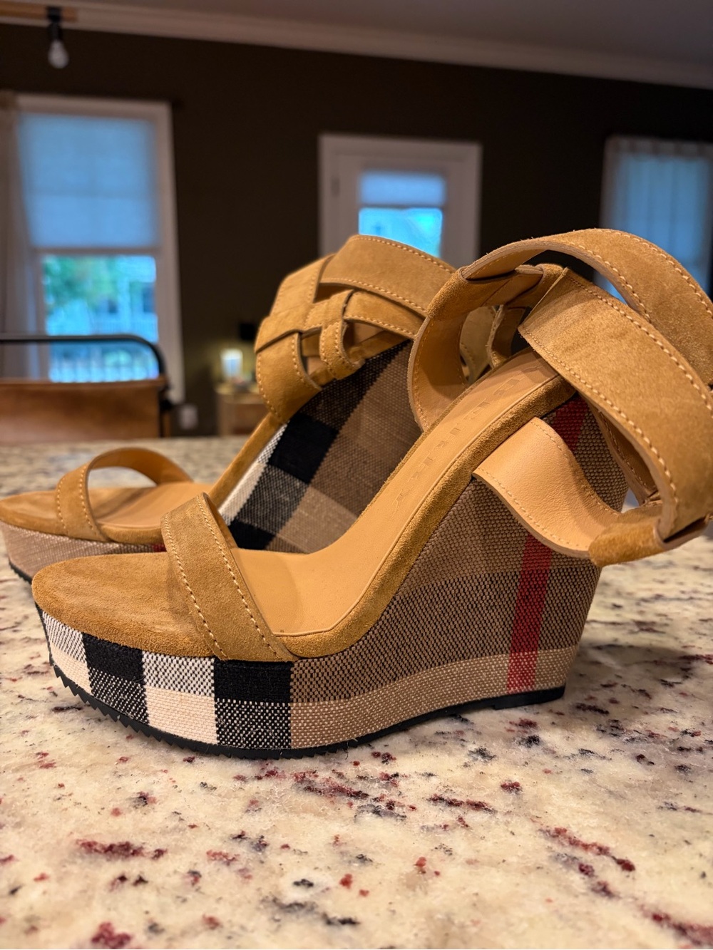 Burberry Suede Check Goldfinch Wedge 39 (US 9) Sandstone